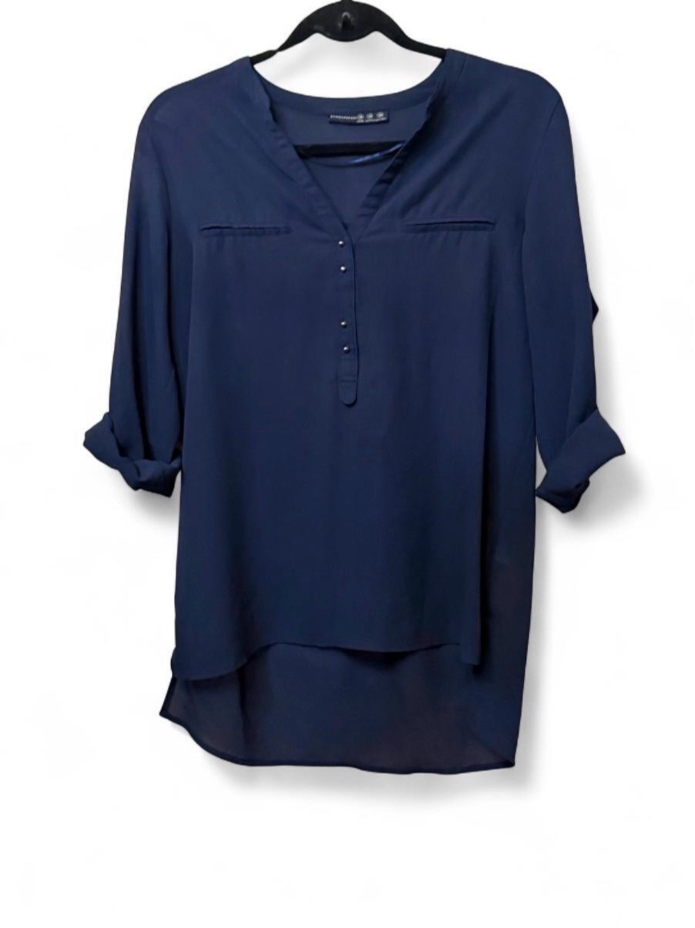 Atmosphere Navy Blue Semi-Sheer Blouse w/Roll Up Sleeves Sz 38